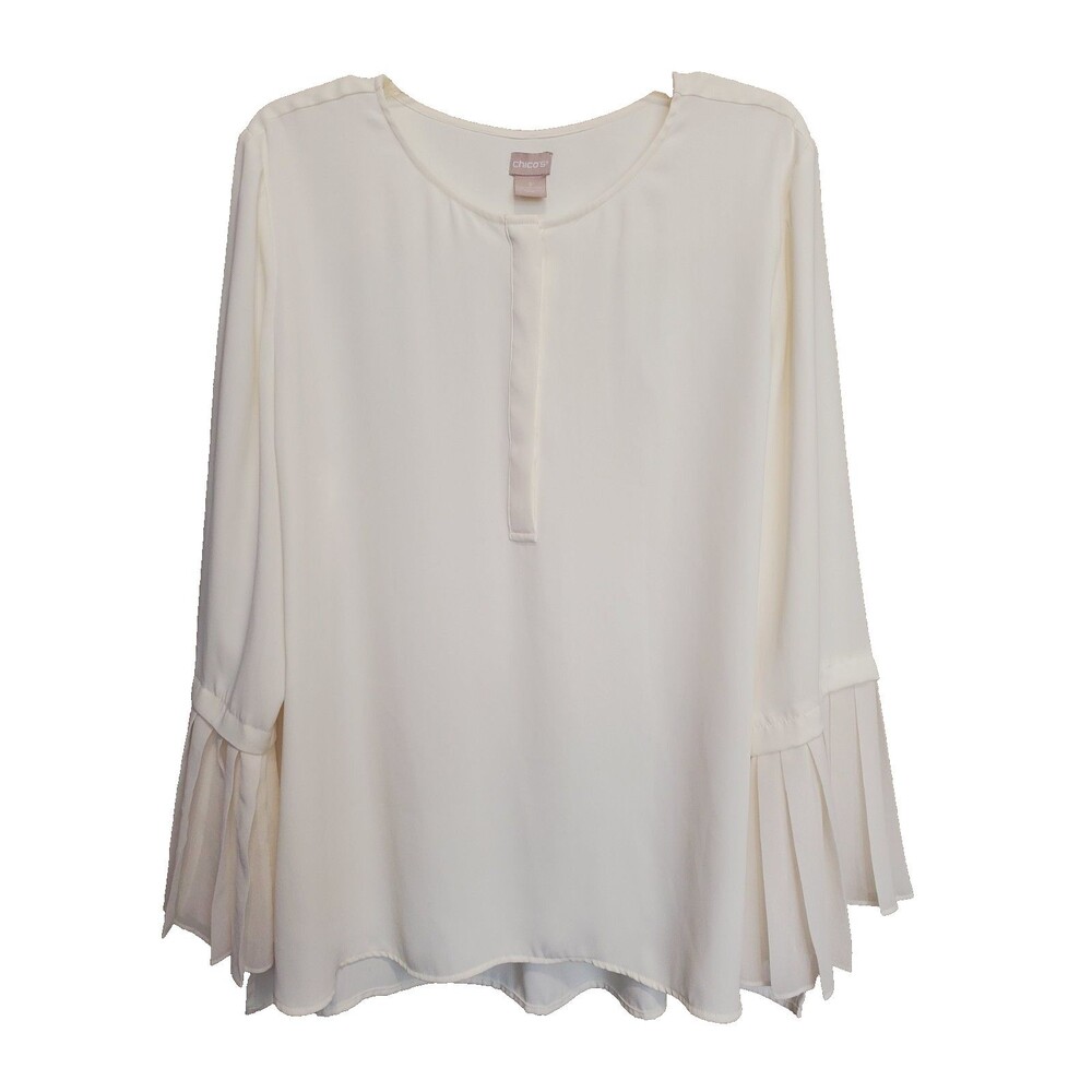 Chico’s Off-White Henley Pleated Bell Sleeve High Low Tunic Size 3 (XL)